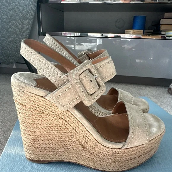 Prada Nude Suede Jute 4 inch Wedge Peep Toe Sandal 35.5 /  5.5 US $850 - Picture 6 of 14